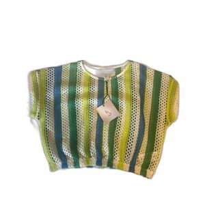 NWT Happily Grey Women's Y2K Crochet Knit Crop Top Sz S Stripped Blue Green